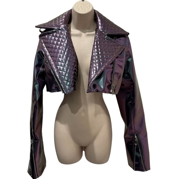 LaQuan Smith Metallic Cyberpunk Cropped Moto Jacket Sz XS Iridescent Holographic - Picture 4 of 16
